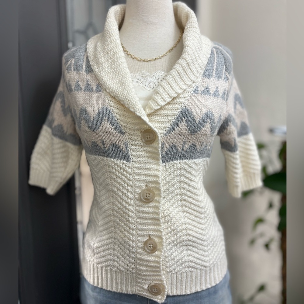 Old Navy Fair Isle Pattern Shawl Collar Short Sleeve Knit Cardigan | Size M